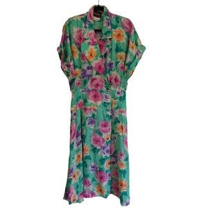 Vintage Raoul Floral Midi Dress Womens 12 Green Pink Colorful Retro Button Front